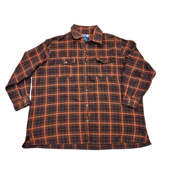 Vtg Venezia Plaid Flannel Shirt Womens 14/16 XL Brown Orange Swiftie Evermore - Picture 1 of 8
